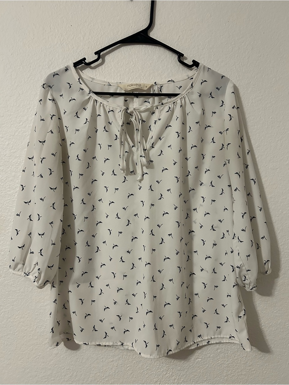 White Tie-Neck Blouse with Navy Bird Print